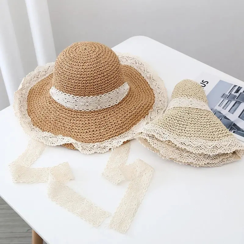 Lace Bow Women Straw Hat Wide Brim Hollow Out Grass Handwoven Visors Bucket Cap Korean Girl Beach Tour Foldable Sunshade Hats 250516