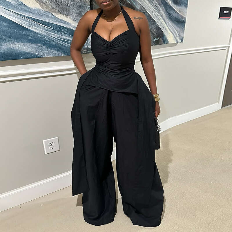 Wide Leg Jumpsuit Women S Summer Sexy Hanging Neck V Neck Irregular Sleeveless High Waisted Ribbon Jumpsuit Pants