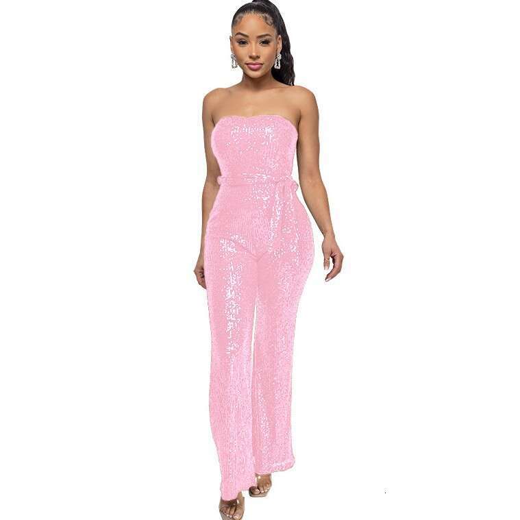 Wide Leg Jumpsuit INS Style Sleeveless Sequined Waistband Solid Color Women S Strapless And Backless Jumpsuit
