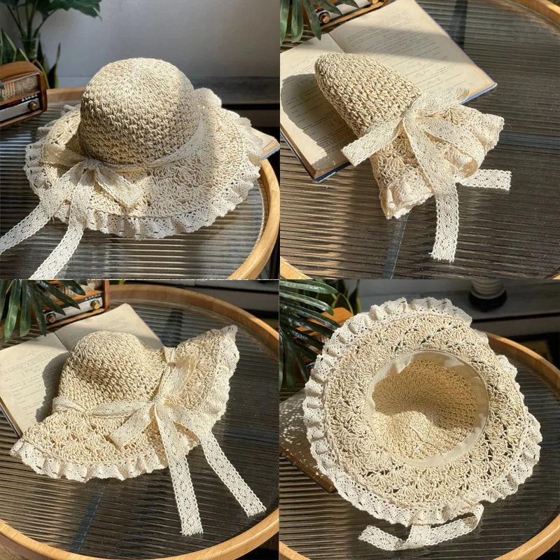 Handmade Womens Summer Hollow Straw Hat - Lace Strap Panama Bucket Hat Foldable UV Protection Suitable for Beach and Travel 250516