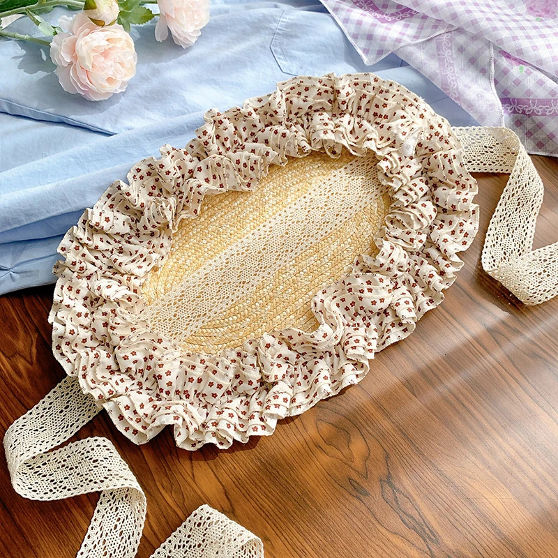 French Retro Lace Floral Woven Straw Caps for Women Summer Seaside Beach Vacation Idyllic Sweet and Cute Strap Sun Hats 250516
