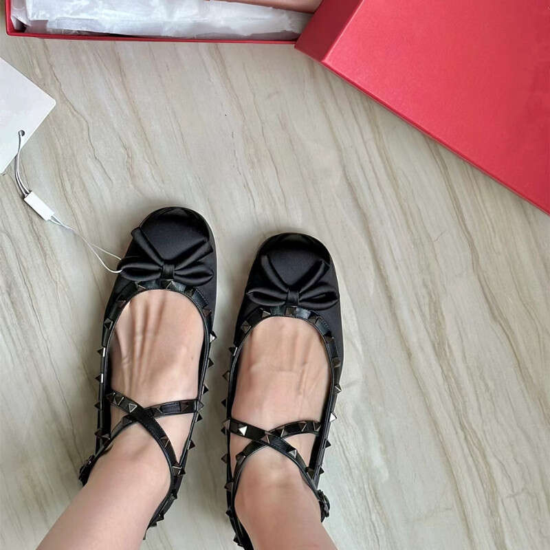 Fairy Cross Buckle Ballet Women's 2023 Summer and Autumn New Bow Rivet Flat Bottom Shallow Mouth Silk Single Shoes