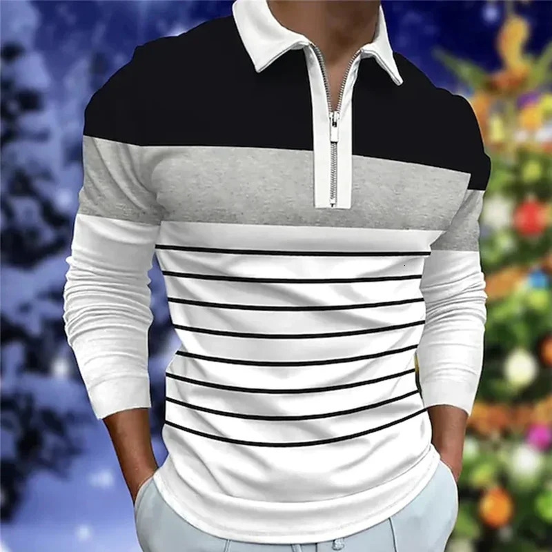 Spring Autumn Mens Long Sleeve Tops Polo Shirt Zipper Casual Fashion Stripe Golf 250506Z