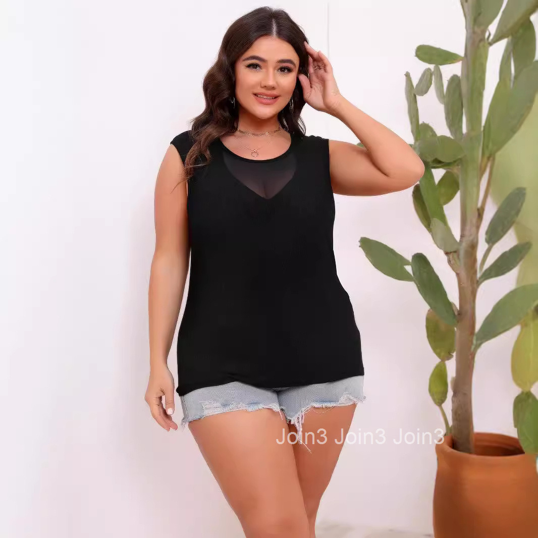 Large Size Womens Front Chest Elastic Mesh Splicing Round Neck Sleeveless t