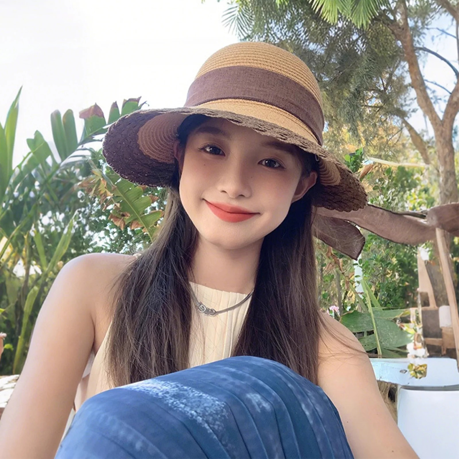 Women Wide Brim Straw Hat Lace Edge n Beach Caps with Bowknot for Outdoor Sports Hiking Travel 250516