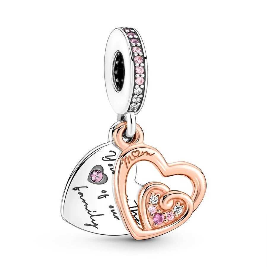Fine You Mom Double Heart Split Dangle Charm Beads Fit Original Pan 925 Sterling Silver Bracelet DIY Women Jewelry GiftXJ250517