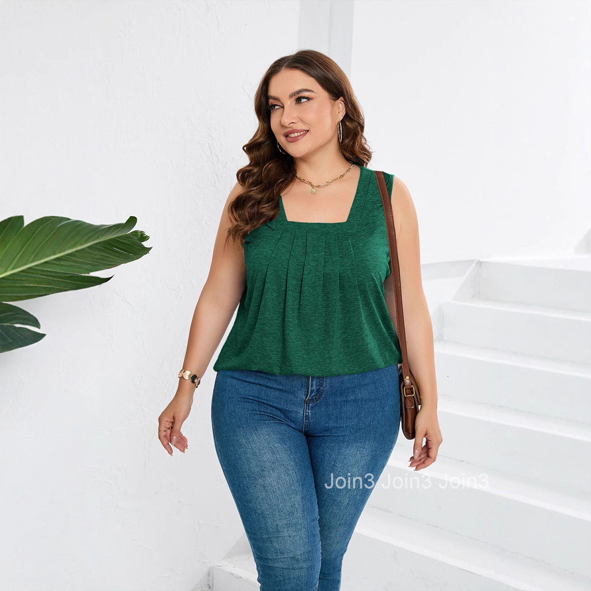 Summer New Solid Pleated Square Neck Loose T-shirt Tank Top Women