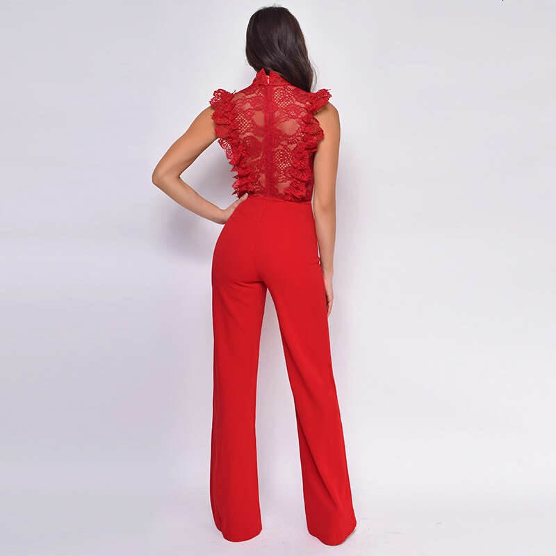 Wide Leg Jumpsuit Women S High Neck Fashionable Straight Leg Women S With Lace And Crochet Hooks Sleeveless Jumpsuit