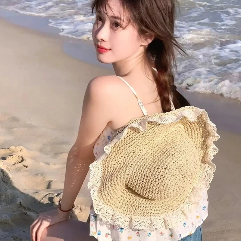 Lace Bow Women Straw Hat Wide Brim Hollow Out Grass Handwoven Visors Bucket Cap Korean Girl Beach Tour Foldable Sunshade Hats 250516