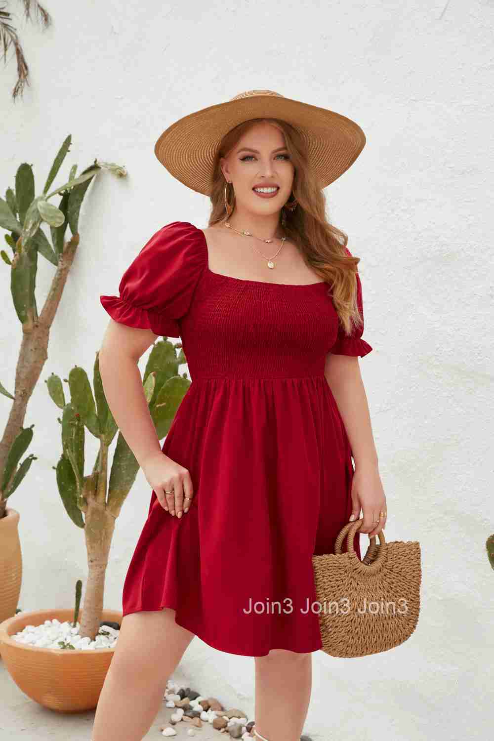 Large Womens Wear Large Solid Leisure Holiday Dress Travel Square Neck Wrap Bubble Sleeve Dress