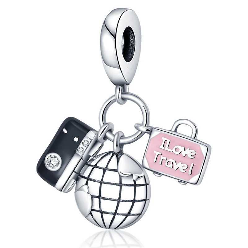 Hot Fit Original Silver 925 Pan Bracelet Pendant Aircraft Camera Trunk Globe Travel Round The World Beads DIY Charm Jewelry GiftXJ250517