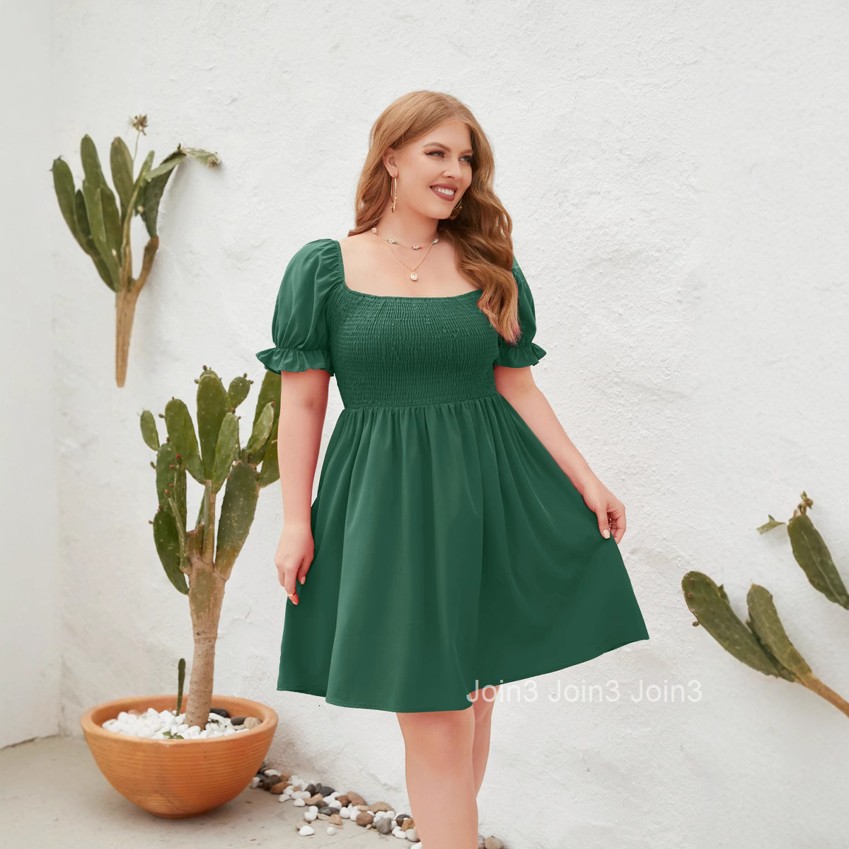 Large Womens Wear Large Solid Leisure Holiday Dress Travel Square Neck Wrap Bubble Sleeve Dress