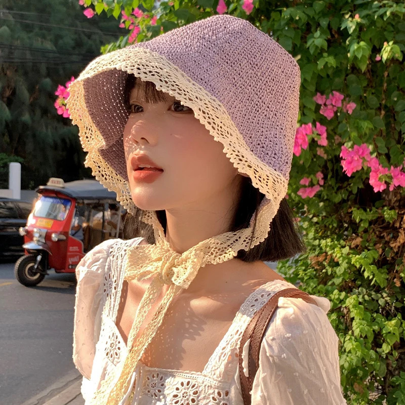 Ins Gentle Purple Lace Strap Straw Hats for Women Summer Travel Versatile Japanese Retro Fresh Sun Protection Beach Bucket Caps 250516