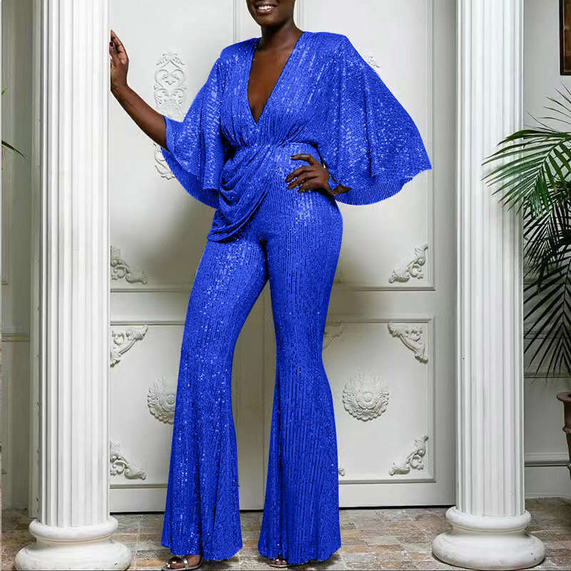 Wide Leg Jumpsuit New Women S Sequined Sexy Deep V Back Jumpsuit Pants