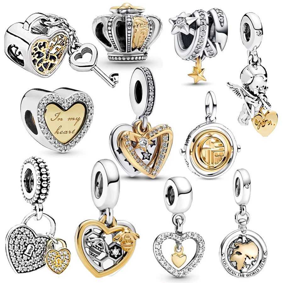 Hot Sale Two-Tone Splittable Heart Spinning Globe Dangle Charm Beads Fit Original Silver 925 Pan Bracelet DIY Jewelry GiftXJ250517