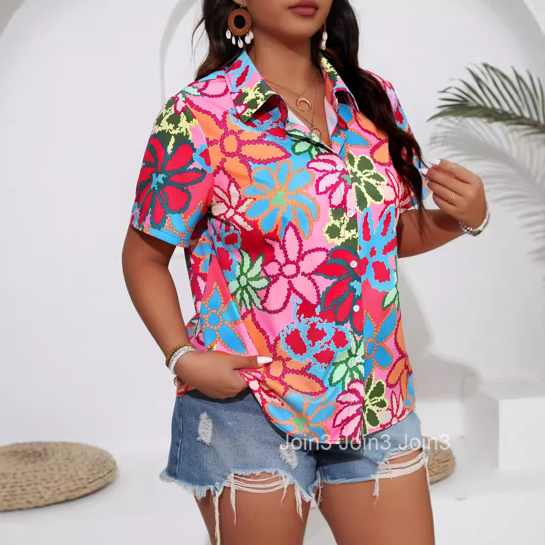 Large Size Womens Summer Soft and Cool Digital Printed Buckle Style Short Sleeved Shirt