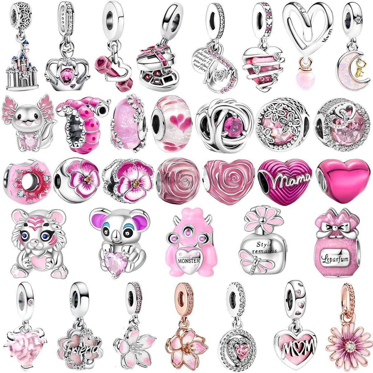 Hot Sale Pink Charms Heart Dangle Charm Beads Flower Pendant DIY Jewelry Fit Original 925 Sterling Silver Bracelet Necklace ClipXJ250517