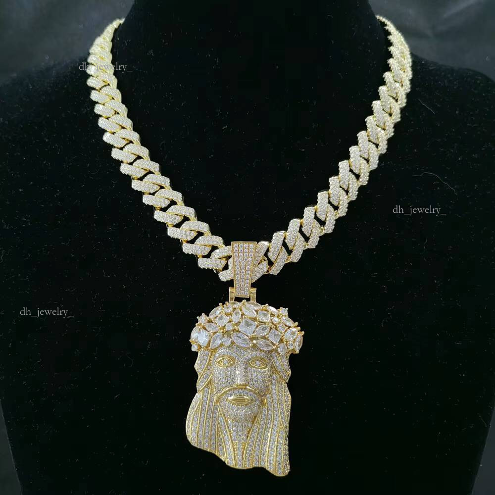 Iced Out Big Size Gold Plated Brass 5A CZ Dia Jesus Head Pendant Necklace With 13mm Cuban Link Chain for Men
