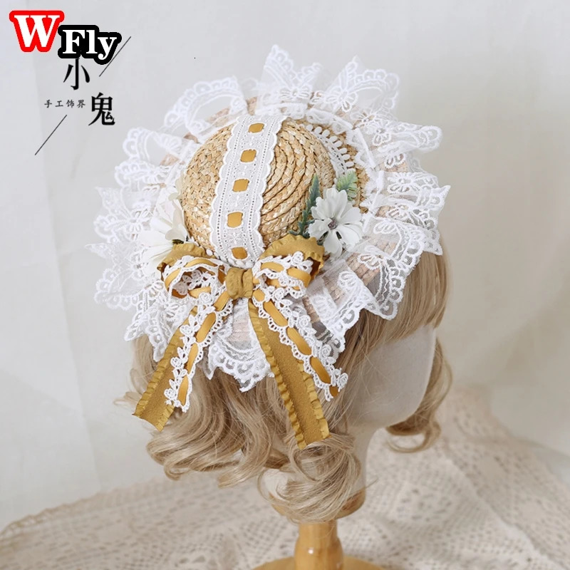Harajuku Sweet Women Girls Summer Straw hat Beach Sun Hat Handmade kawaii Lolita Princess Lace Bow Straw Hats decorate Headdress 250516