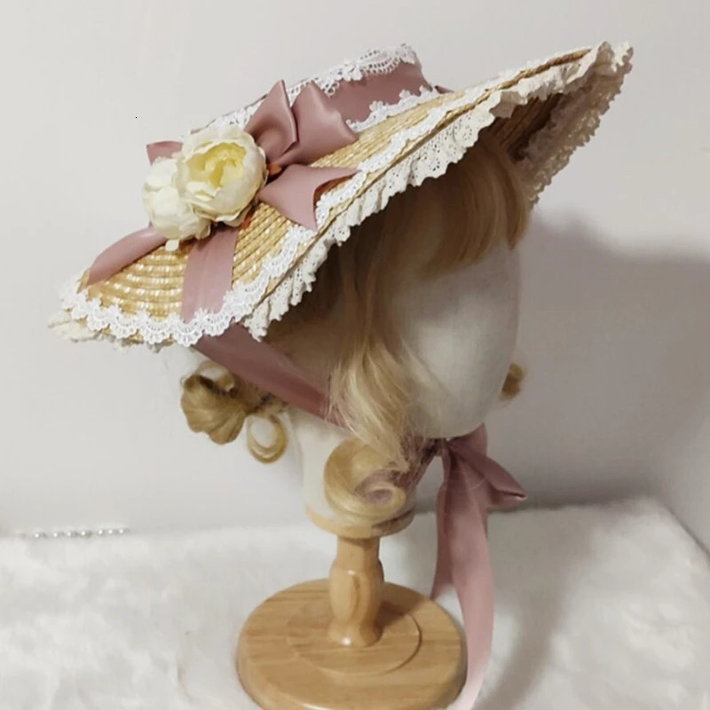 Japanese Lolita Sweet Handmade Straw Sun Hat Lace Patchwork Ribbon Bandage Bowknot Wide Brim Elegant Tea Party Beach Flat D0LF 250516