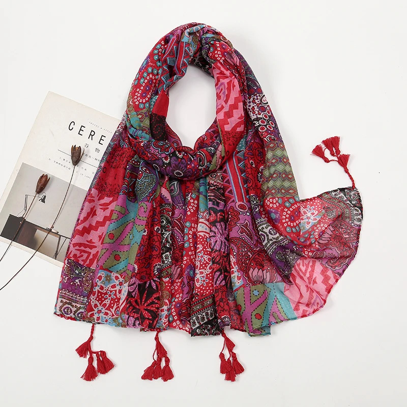 Elegant Floral Printed Hijab Cotton Viscose Tassel Shawl For Woman Fashion Beach Long Scarf Ladies Flower Headscarf 185100cm 250517