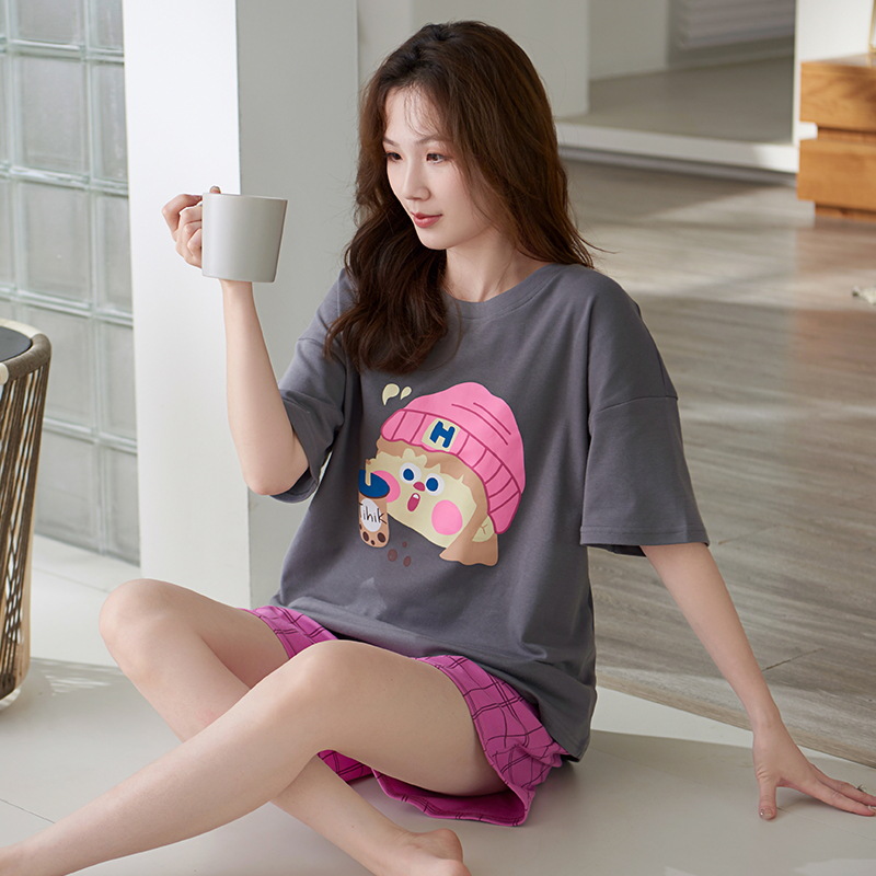 B885-Pure cotton sleeping women's summer short-sleeved shorts and long pants cute three-piece suit