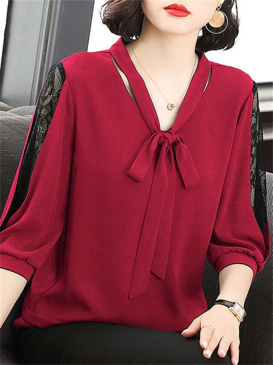 Women Spring Summer Style Blouses Tops Lady Casual Bow Tie Colloar Half Lace Sleeve Loose Blusas Tops DF4275 250517