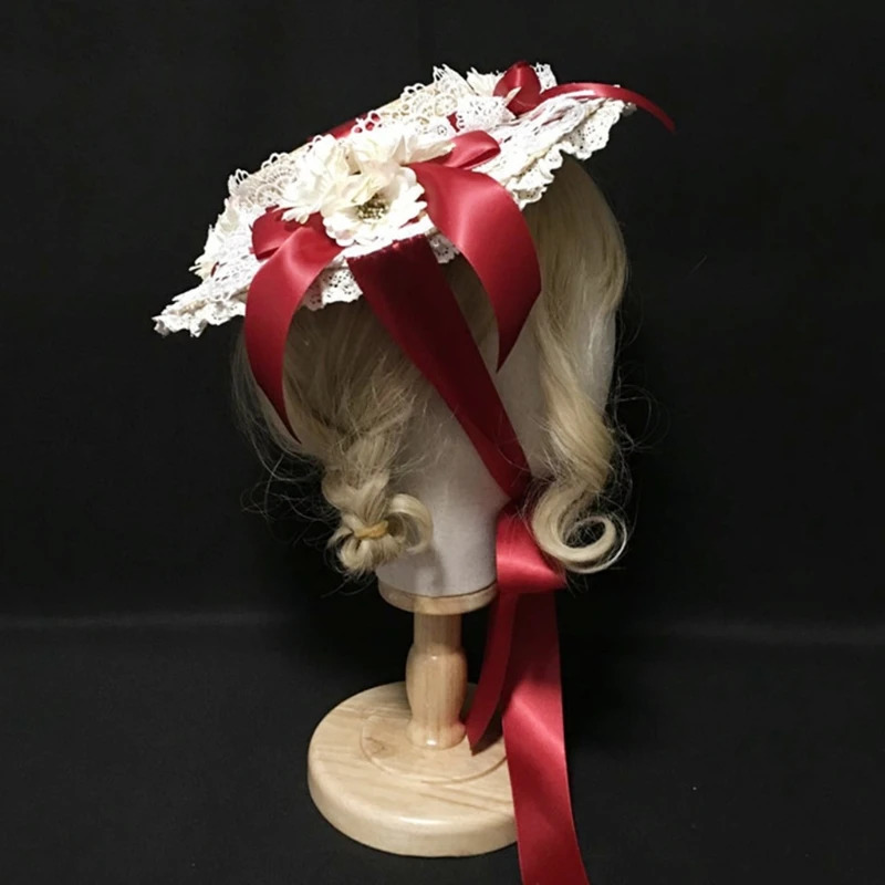Women Girls Lolita Elegant Tea Party Flat Hat Multilayer Lace Bonnet Artificial Flower Ribbon Bow Straw Beach Sun 250516
