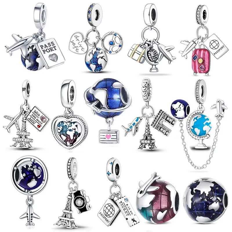 New World Globe Airplane Charm Beads For Original Brand 3mm 925 Sterling Silver Bracelet Making DIY Ladies JewelryXJ250517