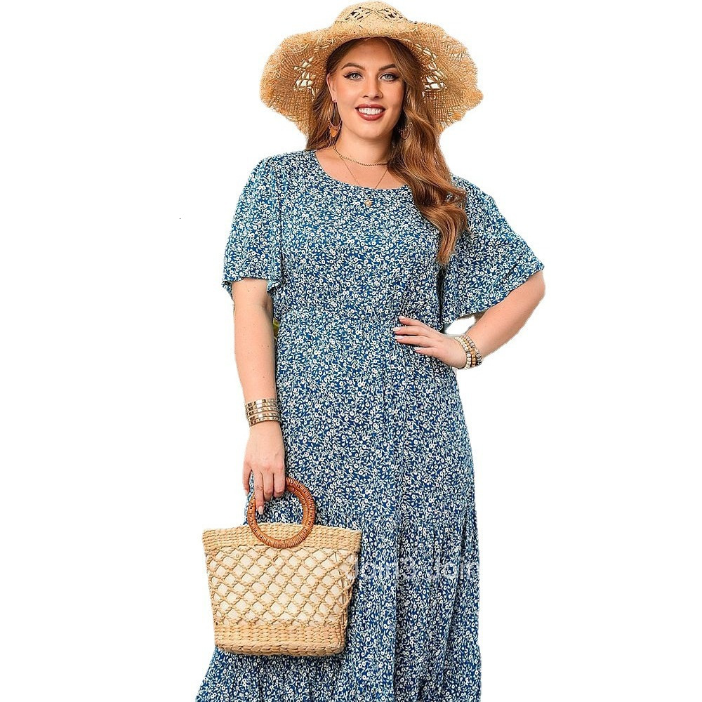 New Fragmented Flower Leisure Holiday Dress Round Neck Short Sleeve Large Swing Mid Length Dress Large Size Womens Wear