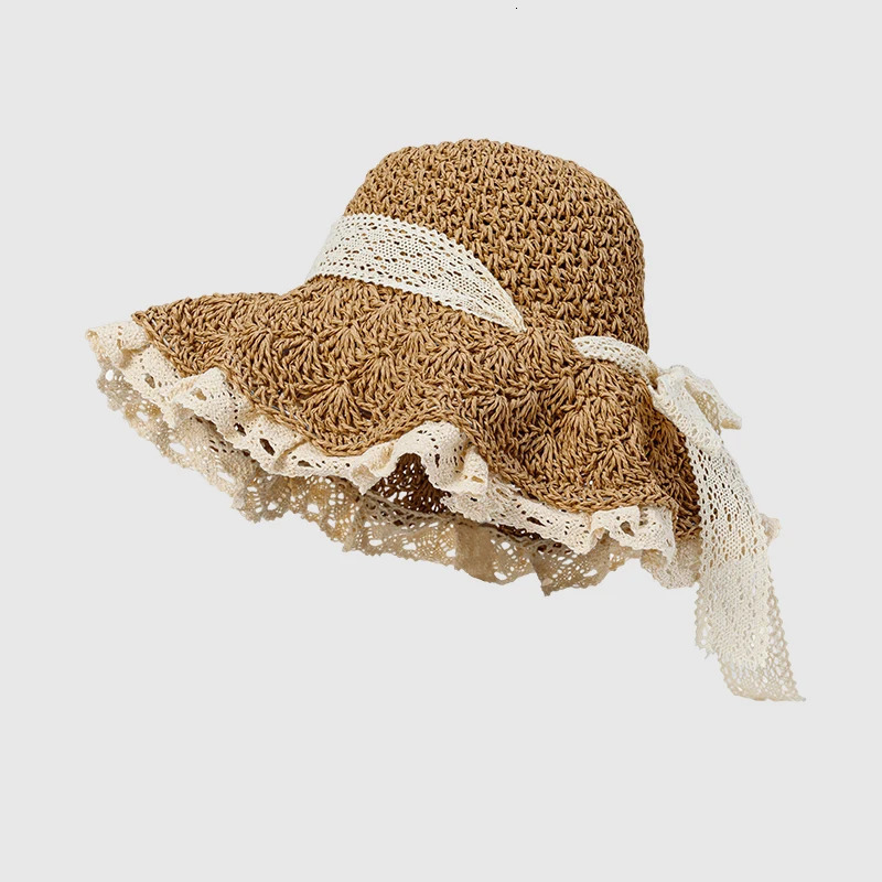Straw Hat For Women Summer Handmade Weave Hollow Lace Up Anti-UV Beach Cap Foldable Large Brim Panama Bucket Fashion Sun Hat 250516