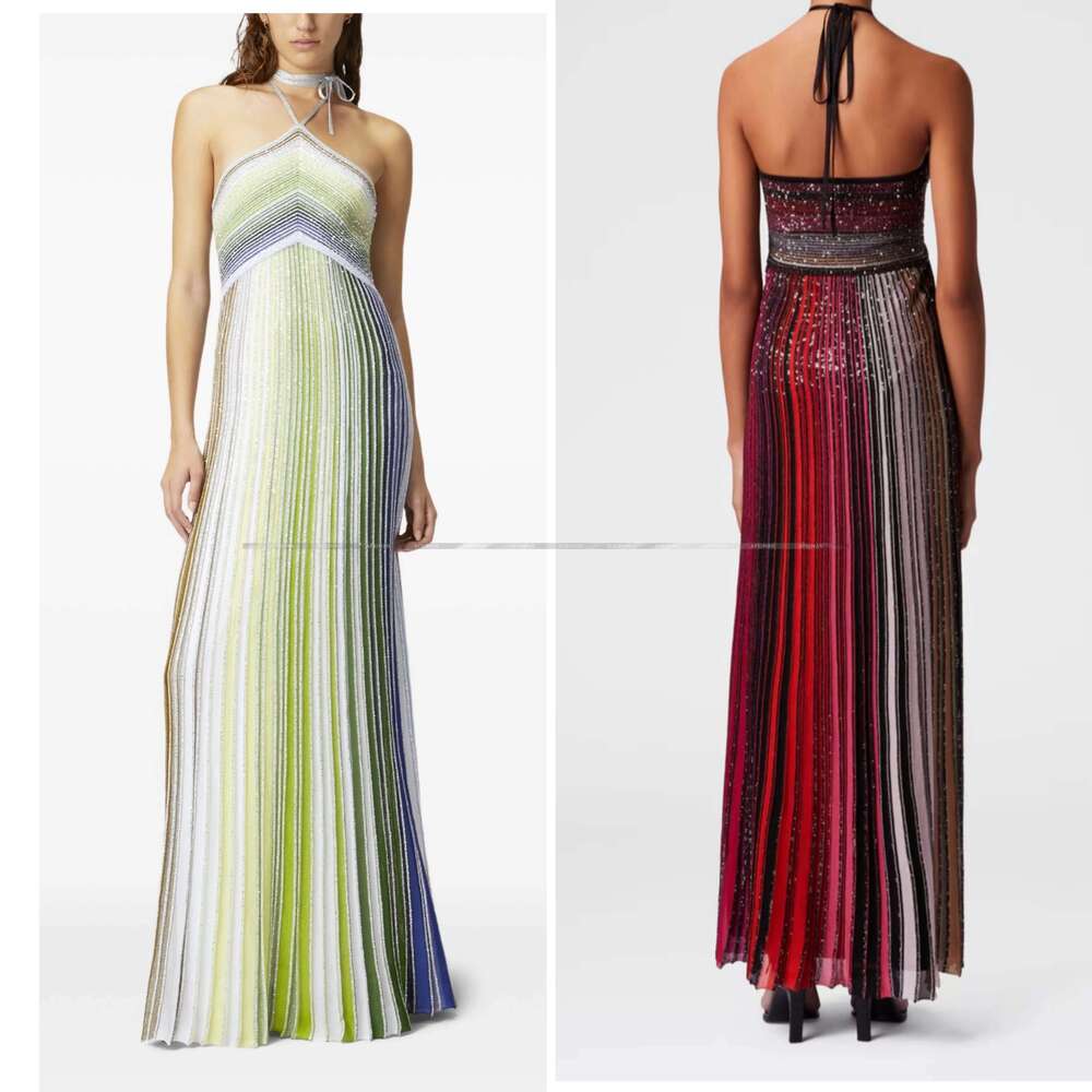 Women Metallic Sequined Striped Halter Neck Sleeveless Maxi Long Dress