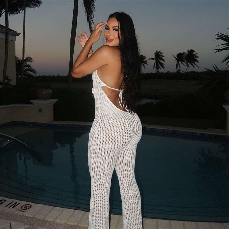 Wide Leg Jumpsuit Wind Spring New Creative Street Trendy Knitted Hollow Sexy Bareback Jumpsuit For Women