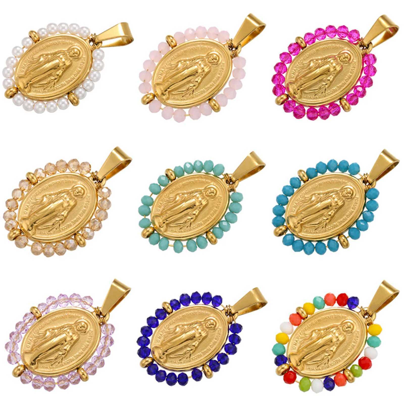 Stainless Steel Oval Religious Virgin Mary Pendants Colorful Glass Beads Charms For Necklace Jewelry Making Supplies 38x24mmXJ250517