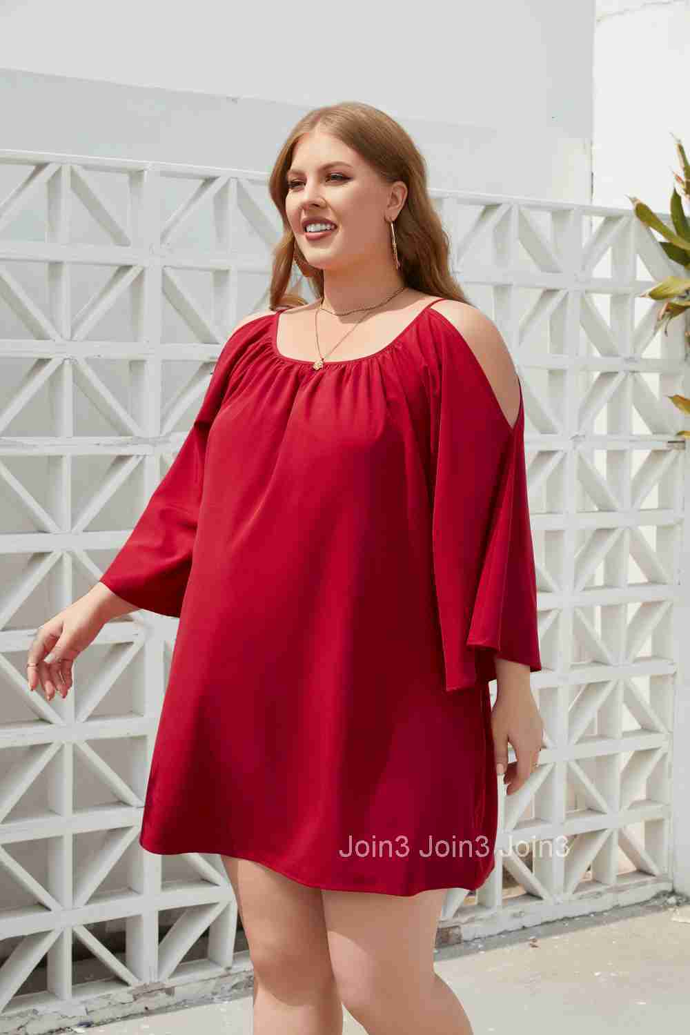Large Womens Wear Large Solid Leisure Holiday Dress Tourism Round Neck Split Bubble Sleeve Dress