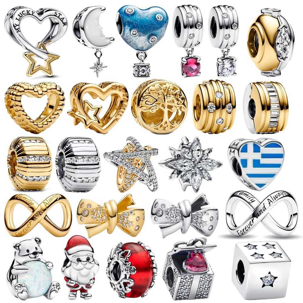 925 Sterling Silver Christmas Snowflakes Golden Stars Bow Lucky D Charm Fit DIY Bracelet Jewelry AccoriesXJ250517