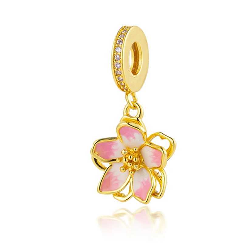 Gold Plated DIY Europeans Jewelry Charm Pink Hot Air BalloonCherry Blossom Dangle Bead Fit Original Silver 925 Women BraceletXJ250517