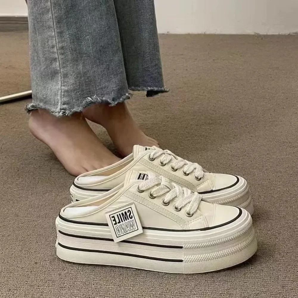 Summer Thick Soles Increase Slippers Trend All Lazy People A Slip-on Half Drag Fashion Casual Canvas Shoes Women 250515