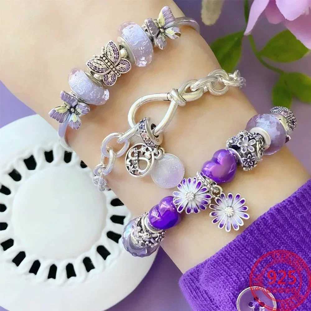 New 925 Sterling Silver Purple Murano Bead Pansy Flower Dangle Charm Fit Original Brand Bracelet And Necklace Women Jewelry GiftXJ250517