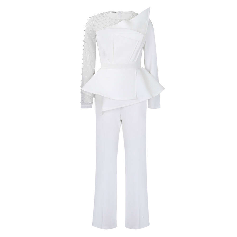Wide Leg Jumpsuit Women S New Fashion Patchwork Mesh Studded Waist Slimming Oversized Jumpsuit