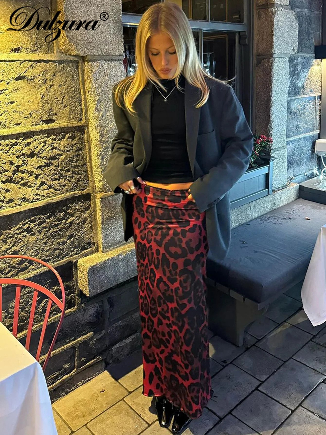 DULzura WomenS leopard Slim Maxi Skirt Sexy Vintage Bodycon Skirt Party club Streetwear Autumn WInter clothes 250517