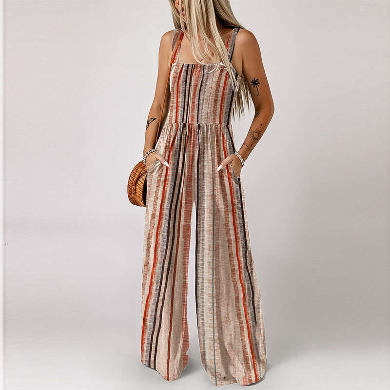 Wide Leg Jumpsuit Summer New Striped Color Blocked Sleeveless Casual Loose High Waisted Wide Leg Jumpsuit For Women