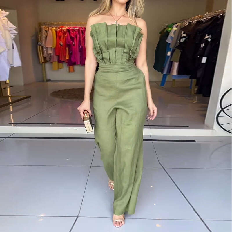 Wide Leg Jumpsuit Women S New Fashionable Pleated Slim Fit And Slimming Temperament Solid Color Jumpsuit