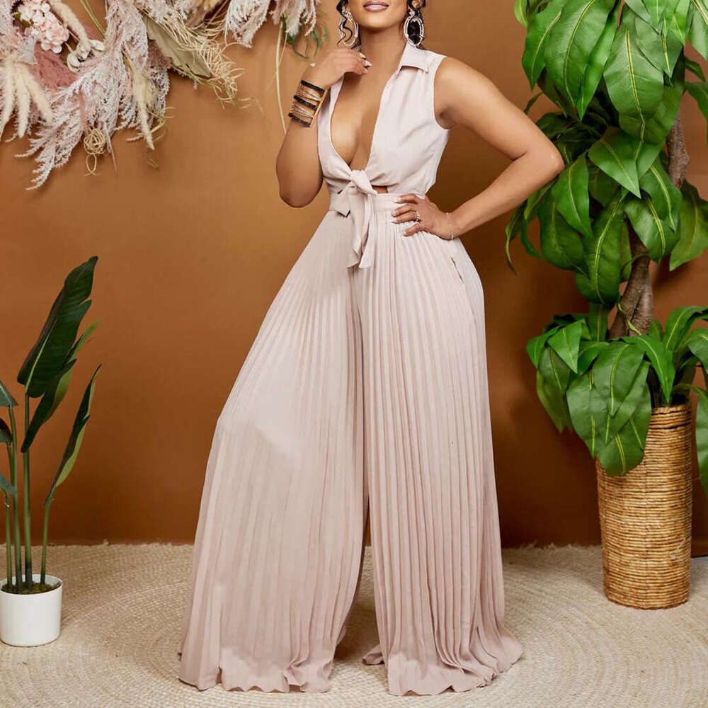 Wide Leg Jumpsuit C Women S Summer New Fashion V Neck Long Sleeved Lapel Loose Pleated Wide Leg Jumpsuit