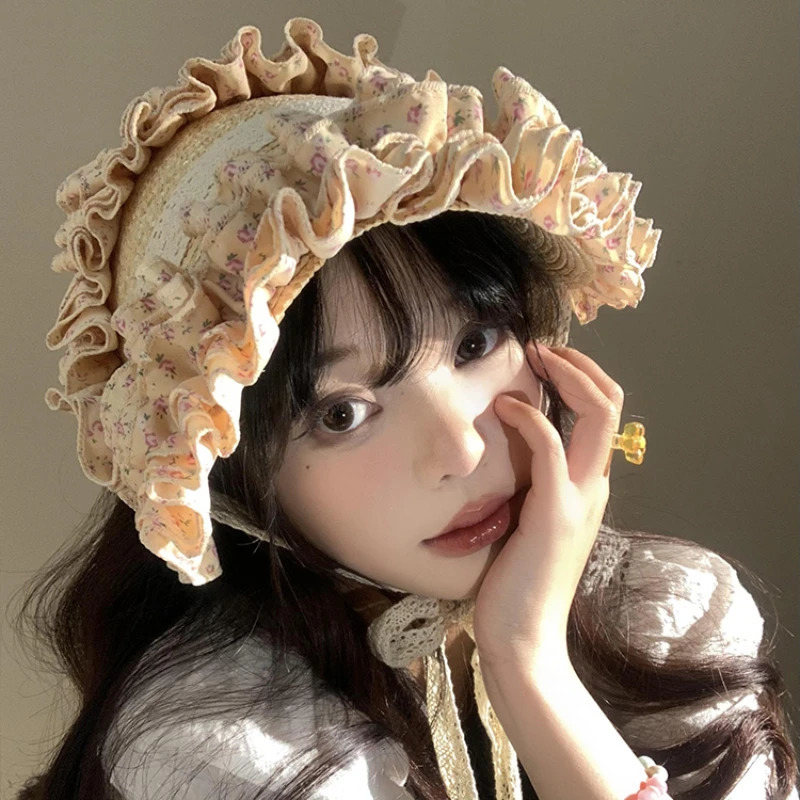 French Retro Lace Floral Woven Straw Caps for Women Summer Seaside Beach Vacation Idyllic Sweet and Cute Strap Sun Hats 250516