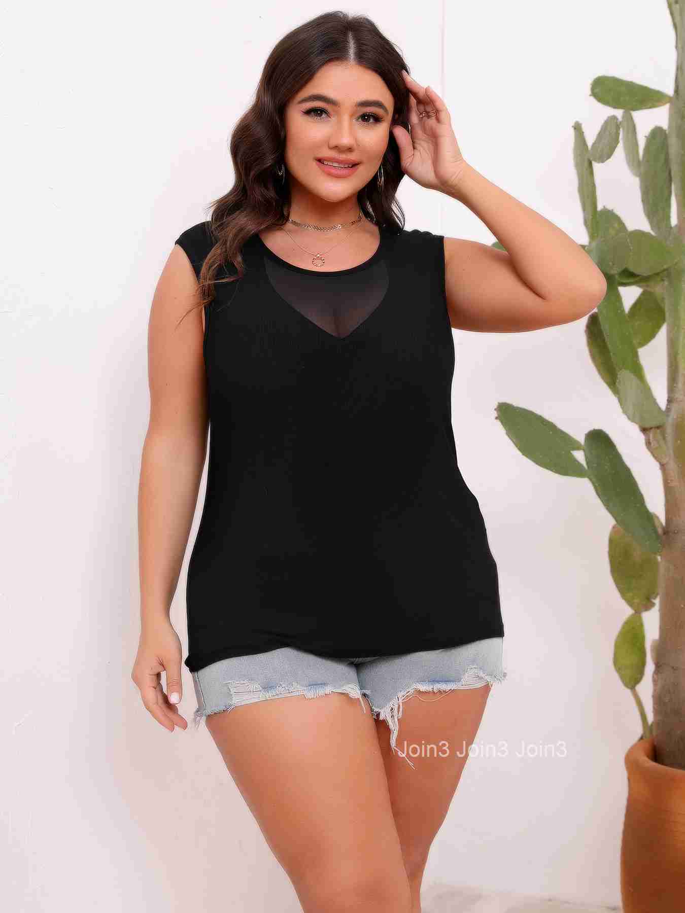 Large Size Womens Front Chest Elastic Mesh Splicing Round Neck Sleeveless t