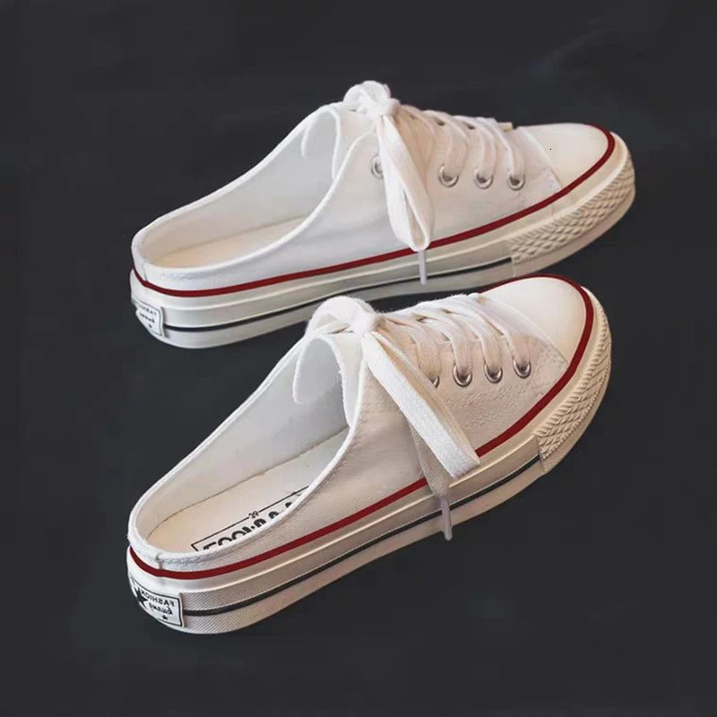 Women Canvas Flat Shoes Half slipper Autumn Fashionable Lace Up Low Cut Women Round Toe Black White Canvas Casual Shoes 250515