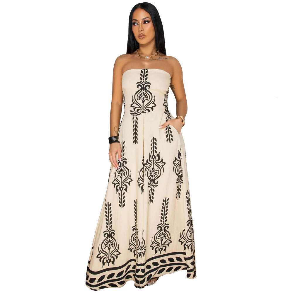 Wide Leg Jumpsuit Women S Clothing Positioning Printed Waist Cinched Skirt Pants Chest Wrapped Jumpsuit New