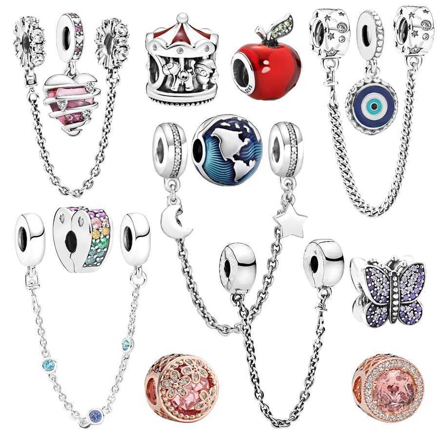Hot Sale Safety Chain Charm Christmas with Beads Dangle Fit Original 925 Sterling Silver Bracelet DIY Women Jewelry Gift MakingXJ250517