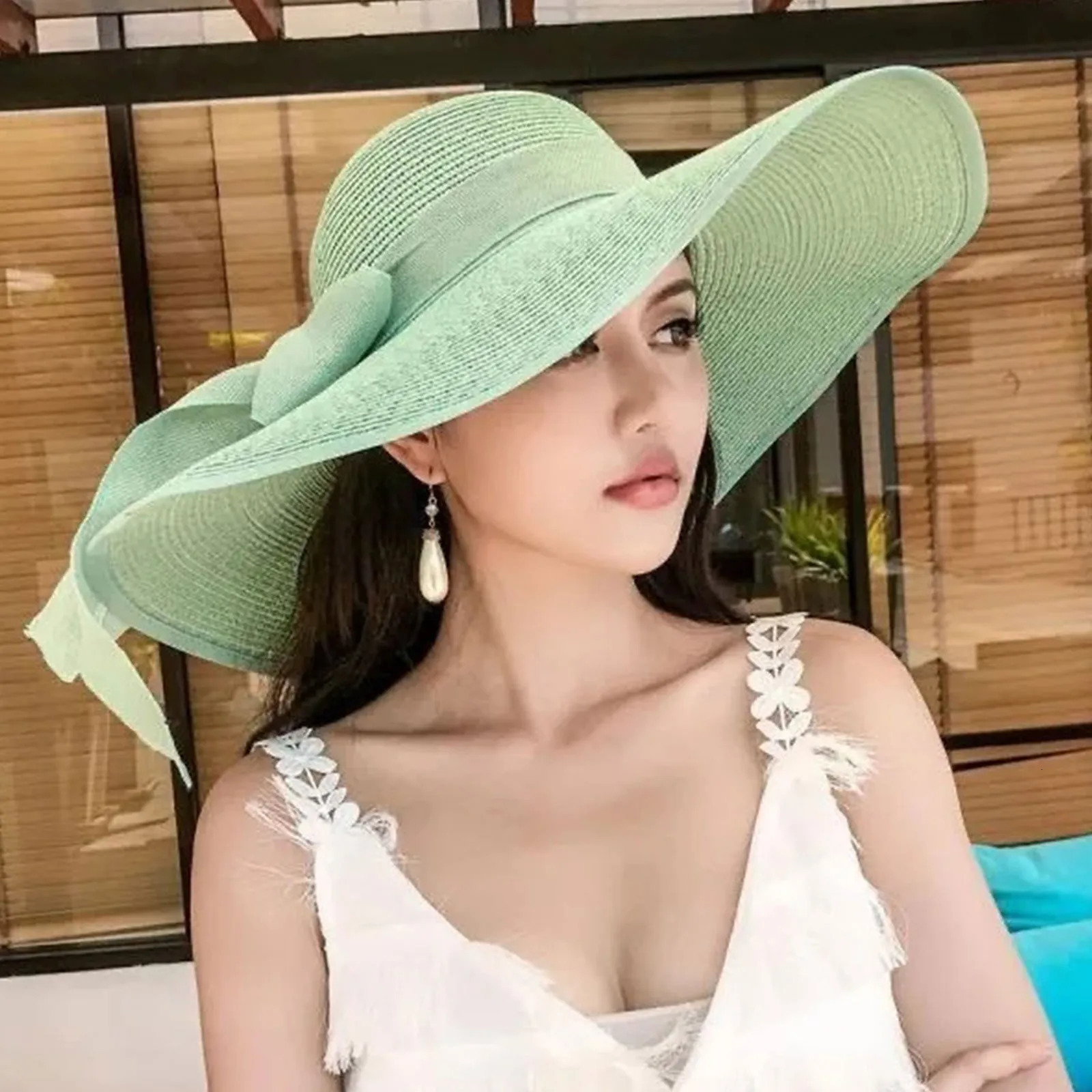Summer Women Straw Hat Bowknot Wide Brim Floppy Foldable Panama Hats Adult Outdoor Sun Protection Flat Top Ribbon Beach Cap 250517